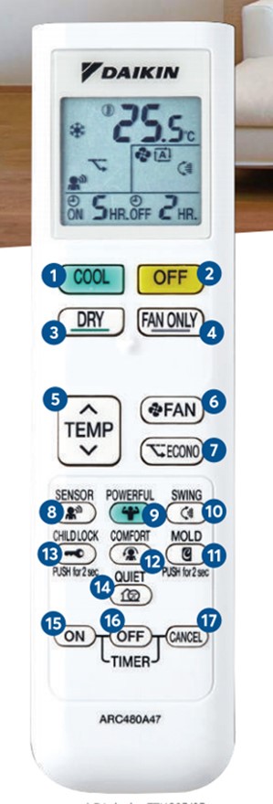 Nhiều tính năng hữu ích trên điều khiển điều hòa Daikin.