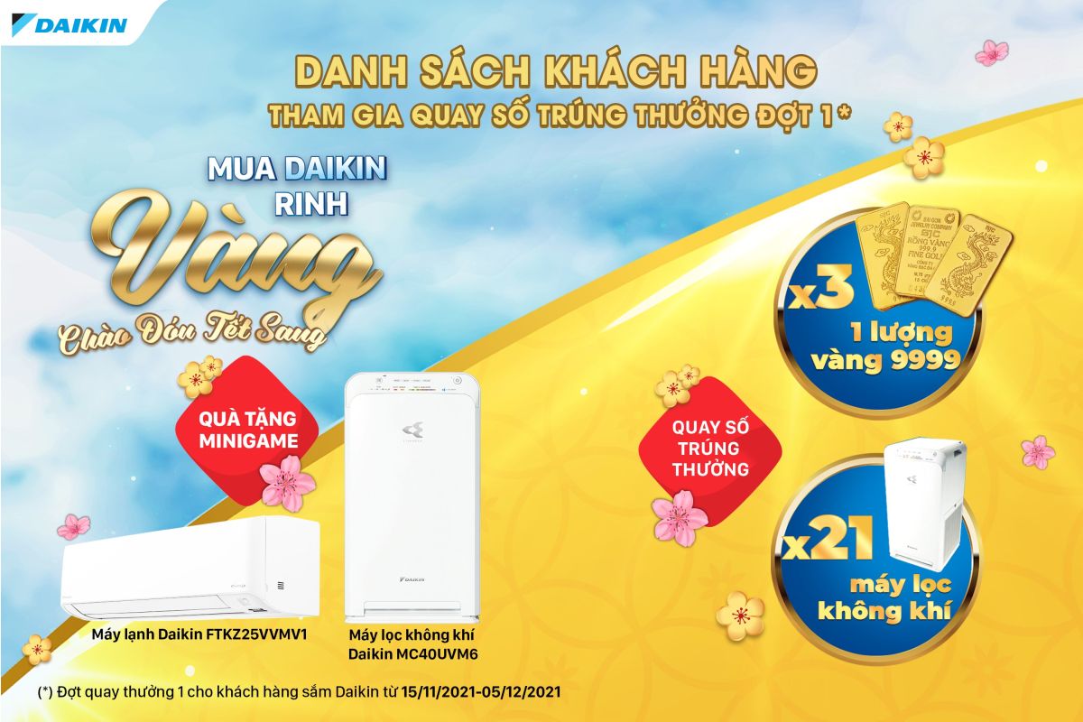 Danh sách khách hàng tham gia quay thưởng chương trình "Mua Daikin rinh vàng - Chào đón Tết sang" - Đợt 1